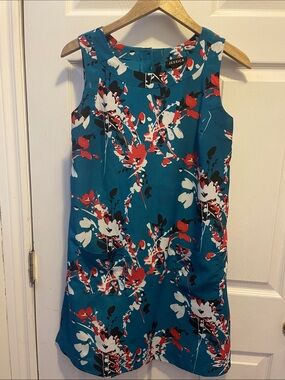 Jessica Teal Floral Sleeveless Shift Dress with Red and White Accents